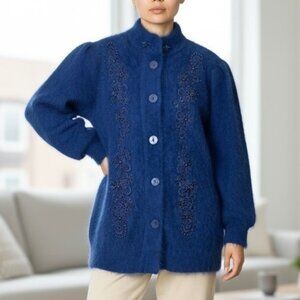 Vintage Lee Sands Blue Angora Rabbit Sweater Jacket Bead Embellished OS M